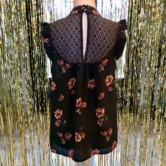 Dark Green High Neck Lace Yoke Sleeveless Blouse Ruffled Cap Sleeves Size Large - Picture 3 of 12